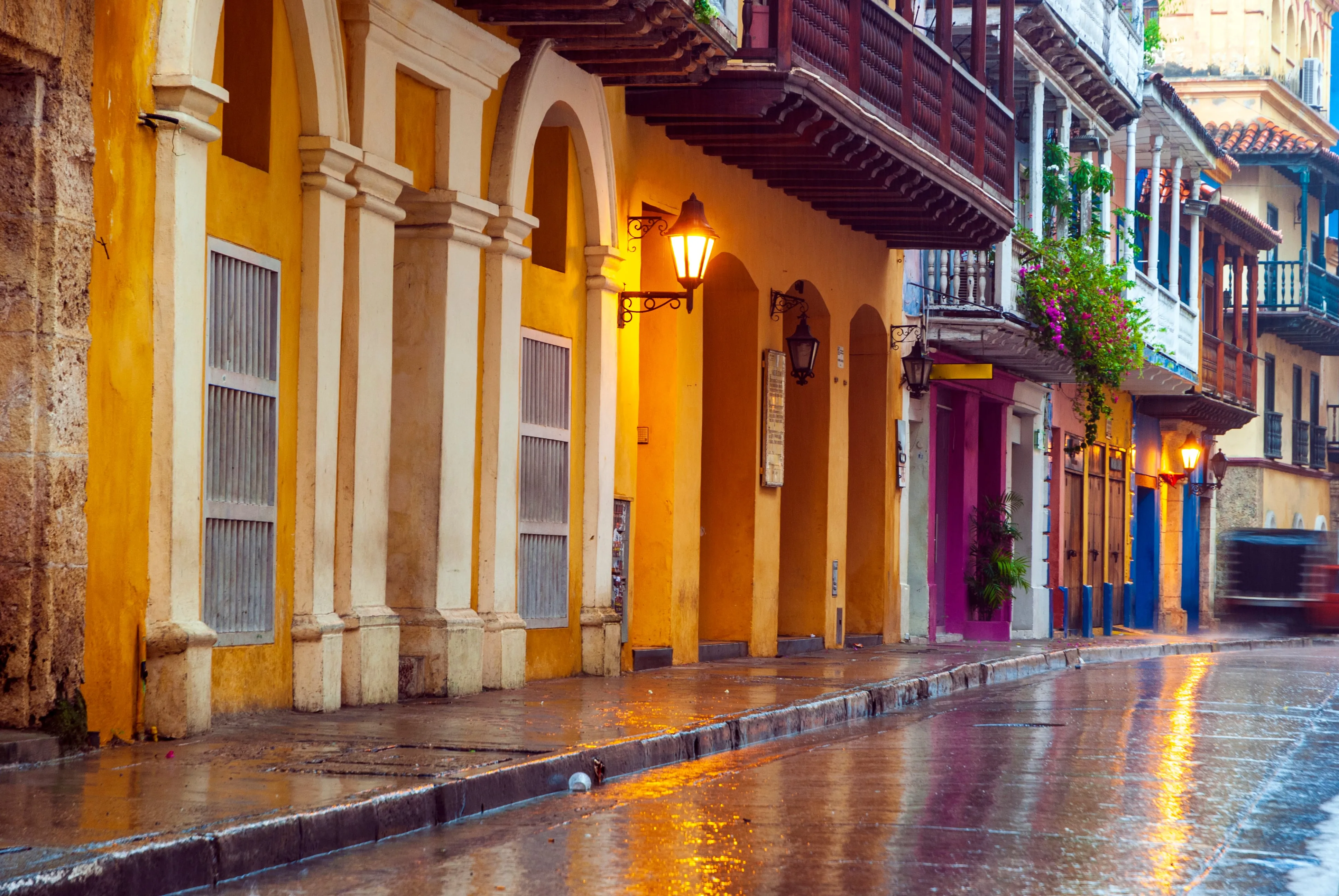 Colonial street in Cartagena's historic center at dusk