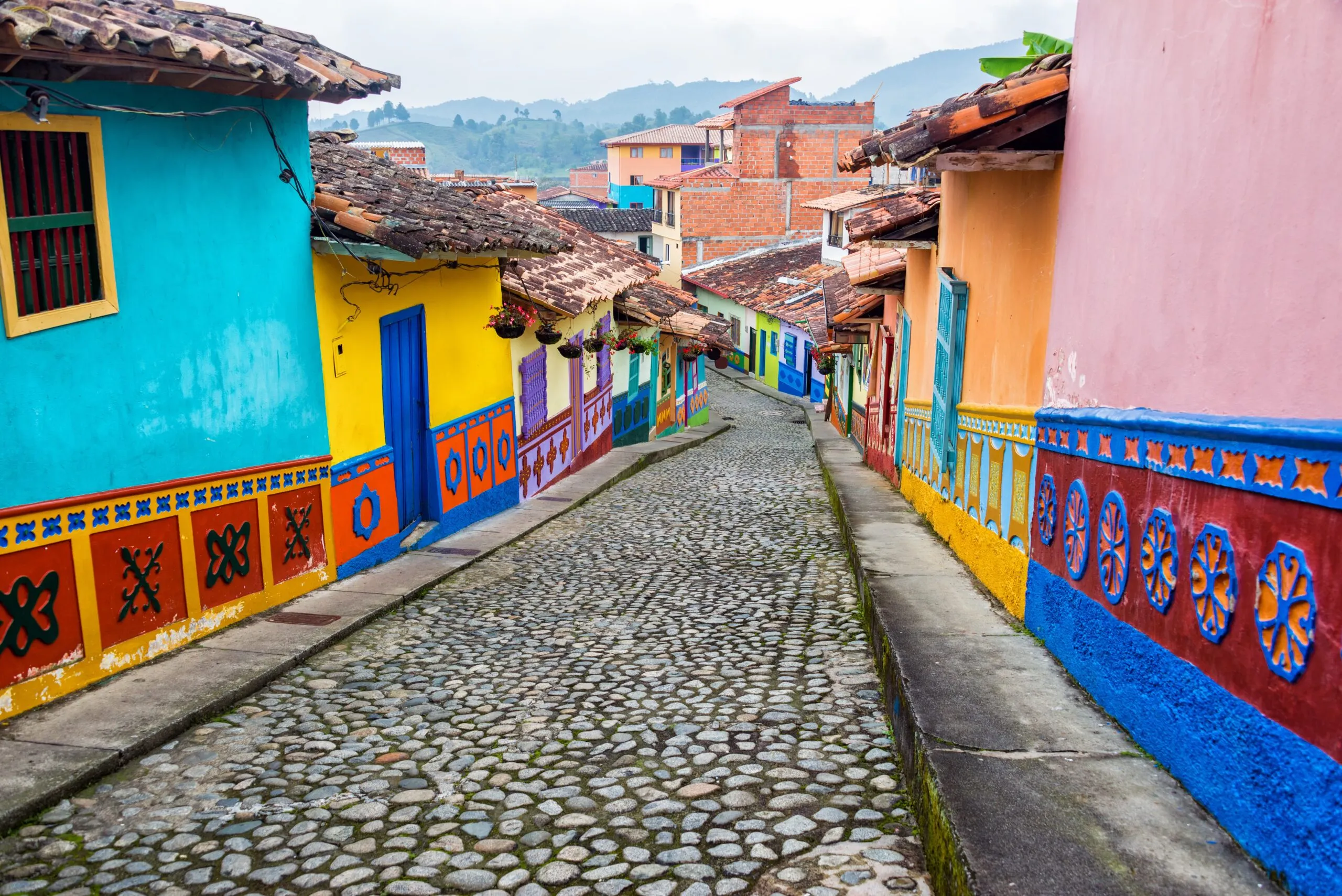 Colourful colonial street in a Colombian town